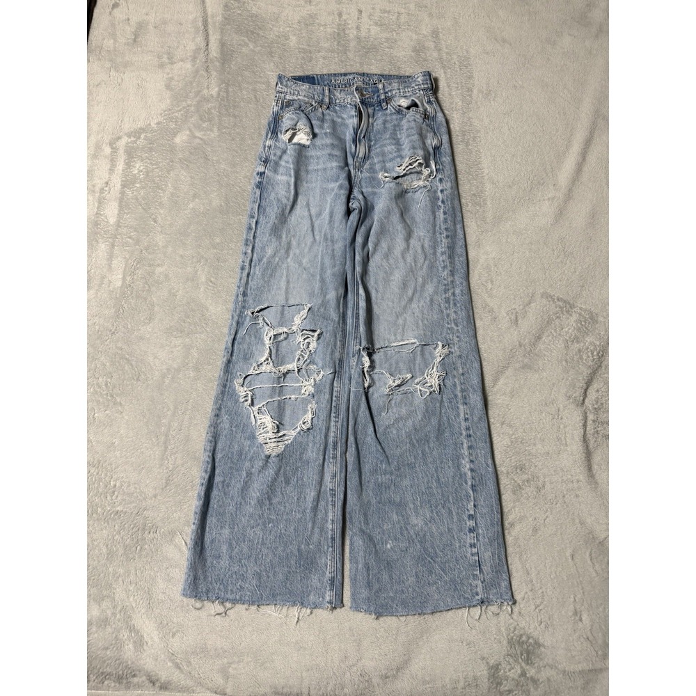 American Eagle Jeans Women's 000 Blue Super Highest Rise Baggy Wide Leg 24x28
